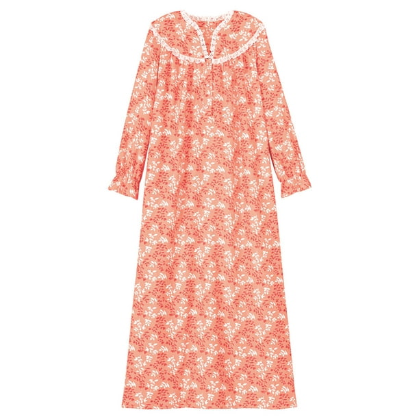 AmeriMark Womens Flannel Long Nightgown w//Eyelet Lace Trim Neckline /& Buttons